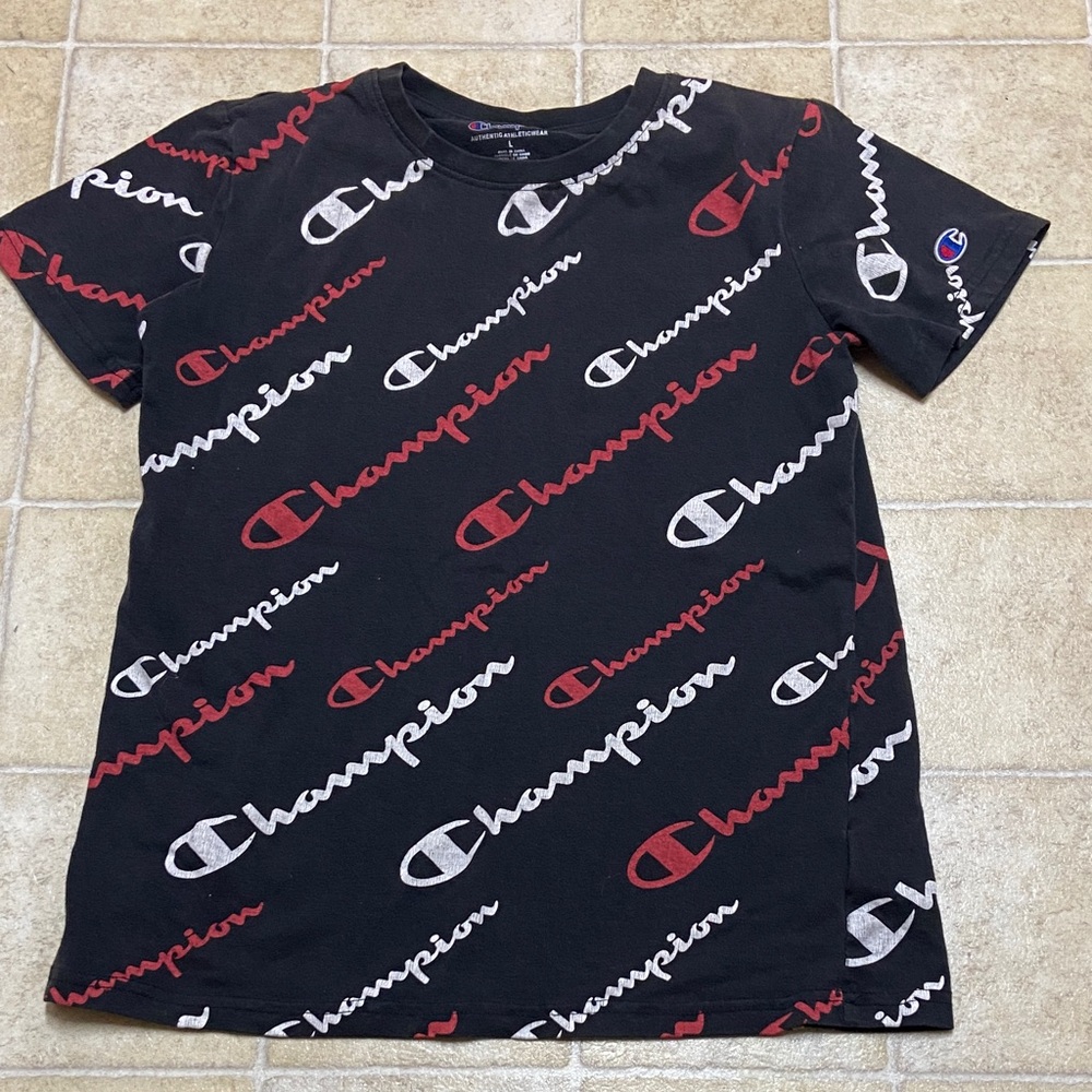 Champion Black T-Shirt with Red and White Script Size L